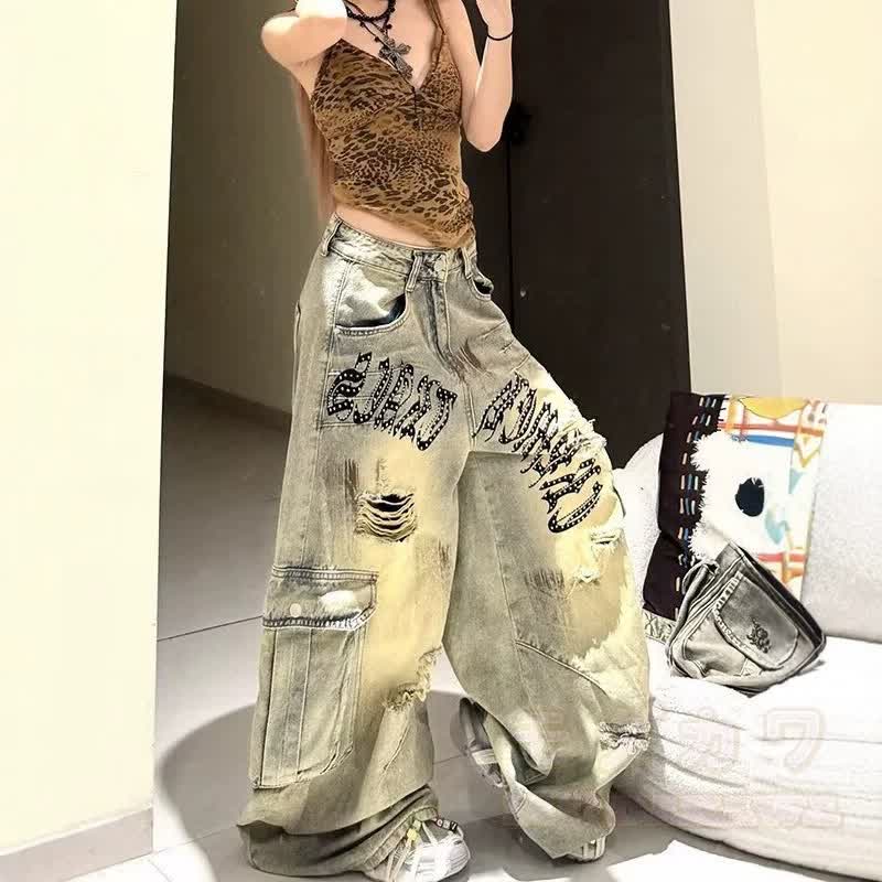 Vintage Distressed Ripped Multi‑Cargo Pocket Wide Leg Denim Jeans - image 2
