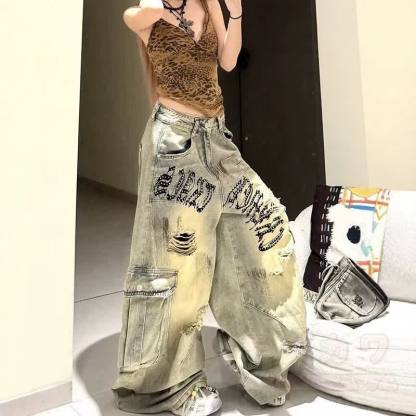 Vintage Distressed Ripped Multi‑Cargo Pocket Wide Leg Denim Jeans - image 2