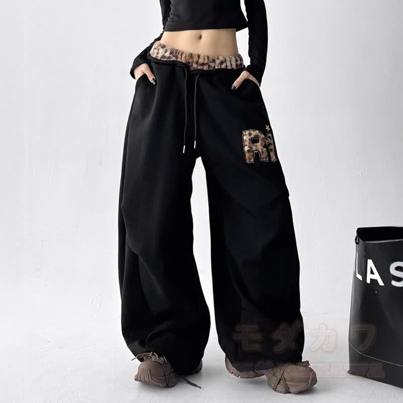 Vintage Leopard Patchwork Embroidered Wide Leg Baggy Sweatpants - Black - 2XL - image 7