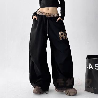 Vintage Leopard Patchwork Embroidered Wide Leg Baggy Sweatpants - Black - 2XL - image 7