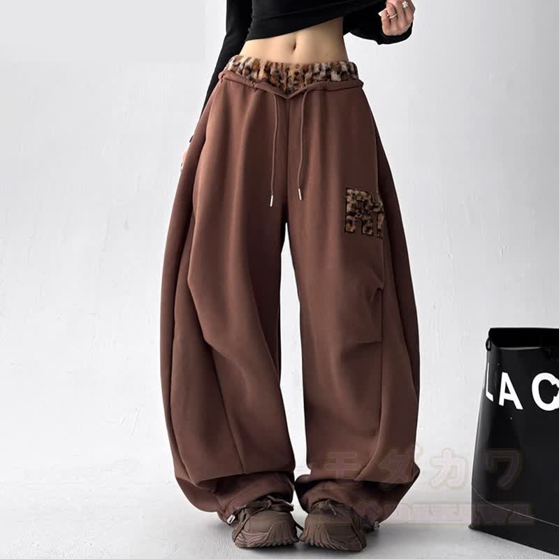 Vintage Leopard Patchwork Embroidered Wide Leg Baggy Sweatpants - Brown - 2XL - image 2