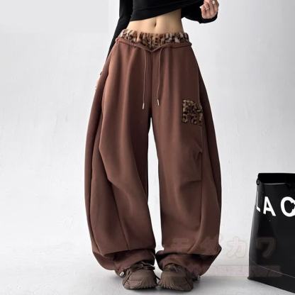 Vintage Leopard Patchwork Embroidered Wide Leg Baggy Sweatpants - Brown - 2XL - image 2