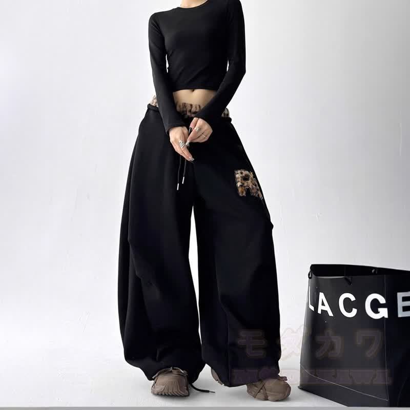 Vintage Leopard Patchwork Embroidered Wide Leg Baggy Sweatpants - image 8