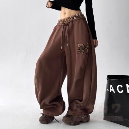 Vintage Leopard Patchwork Embroidered Wide Leg Baggy Sweatpants - image 3