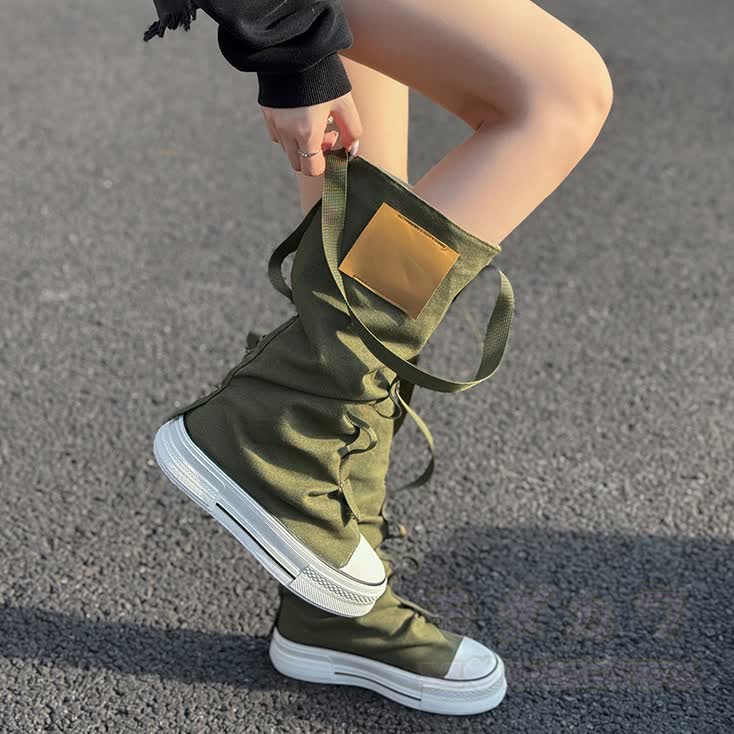 Vintage High Top Canvas Strap Lace Up Stacked Sole Boots - image 1