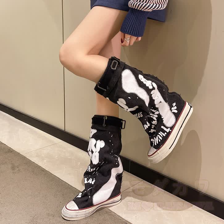 Vintage Graffiti High Top Canvas Stacked Mid Calf Boots - image 1