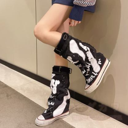 Vintage Graffiti High Top Canvas Stacked Mid Calf Boots - image 1