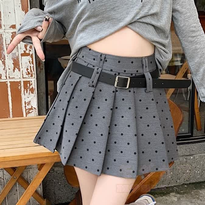 Vintage High Waist Polka Dot Pleated Skirt - Grey (Without Belt) - XL - image 1