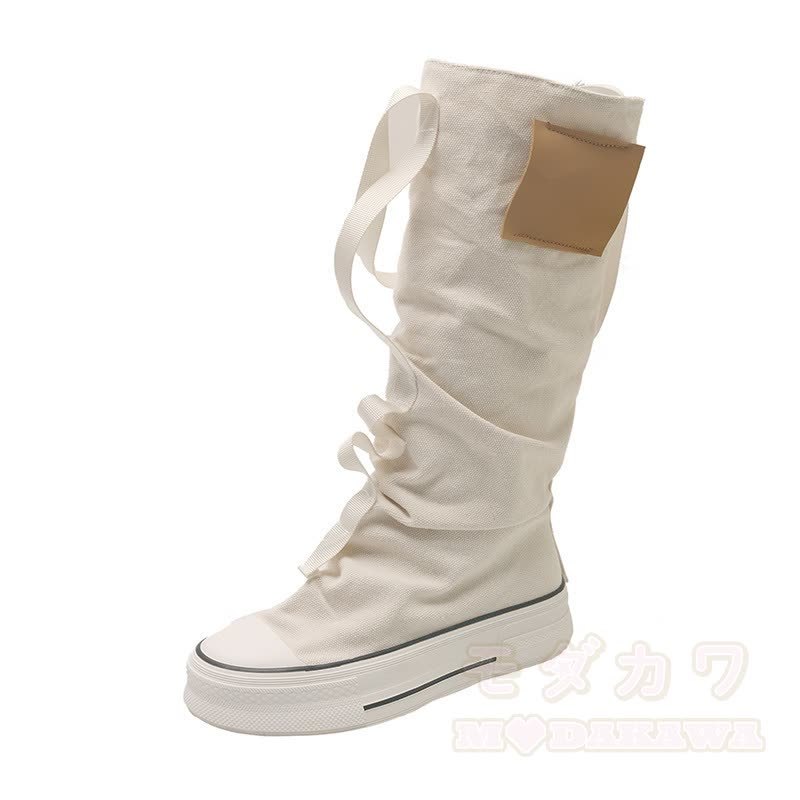 Vintage High Top Canvas Strap Lace Up Stacked Sole Boots - Beige - 40 - image 8