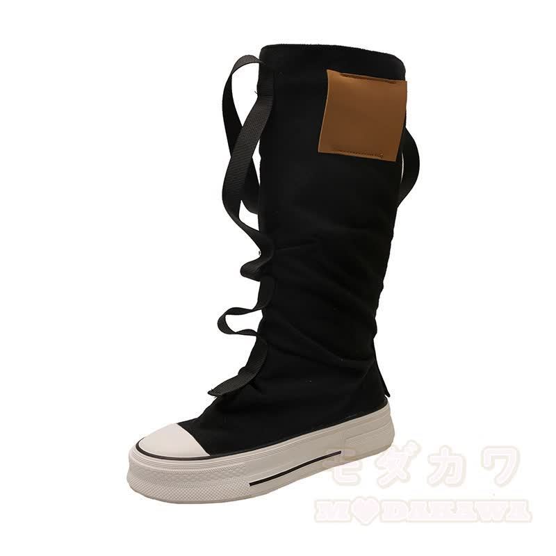 Vintage High Top Canvas Strap Lace Up Stacked Sole Boots - Black - 40 - image 7