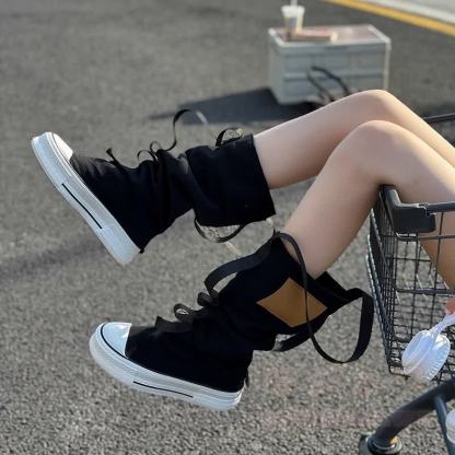 Vintage High Top Canvas Strap Lace Up Stacked Sole Boots - image 4