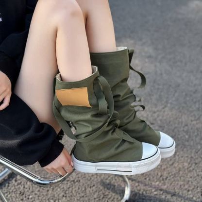Vintage High Top Canvas Strap Lace Up Stacked Sole Boots - image 2