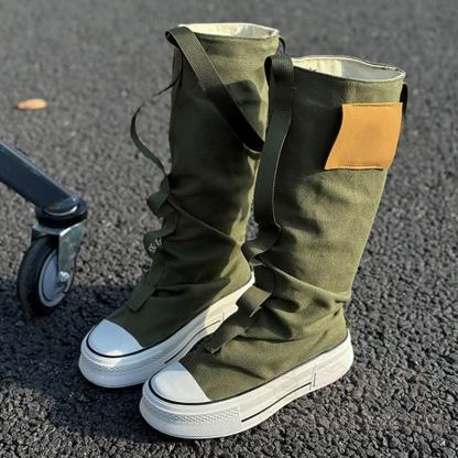 Vintage High Top Canvas Strap Lace Up Stacked Sole Boots - image 3