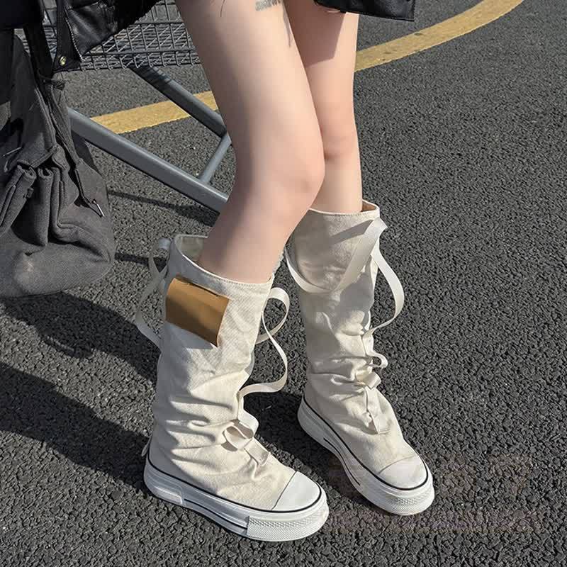 Vintage High Top Canvas Strap Lace Up Stacked Sole Boots - image 5