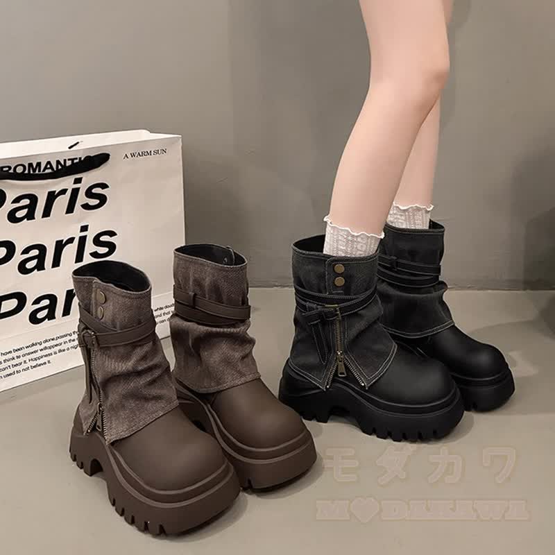 Vintage Thick Sole Patchwork Side Zip Platform Ankle Martin Boots - image 2