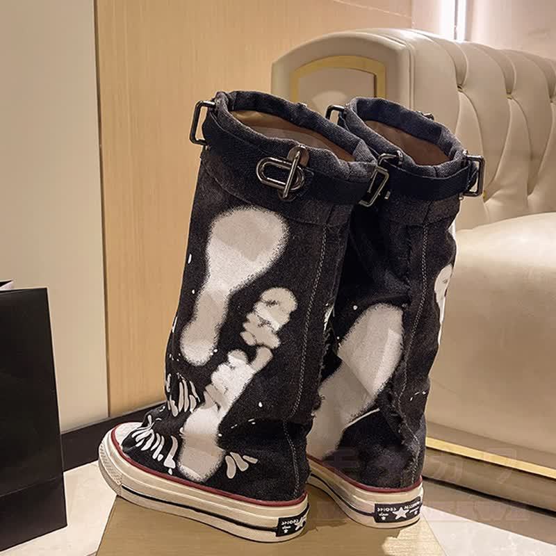 Vintage Graffiti High Top Canvas Stacked Mid Calf Boots - image 6