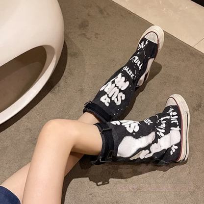 Vintage Graffiti High Top Canvas Stacked Mid Calf Boots - image 4