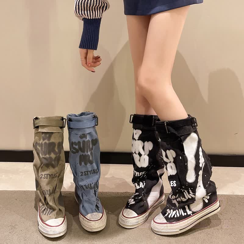 Vintage Graffiti High Top Canvas Stacked Mid Calf Boots - image 3