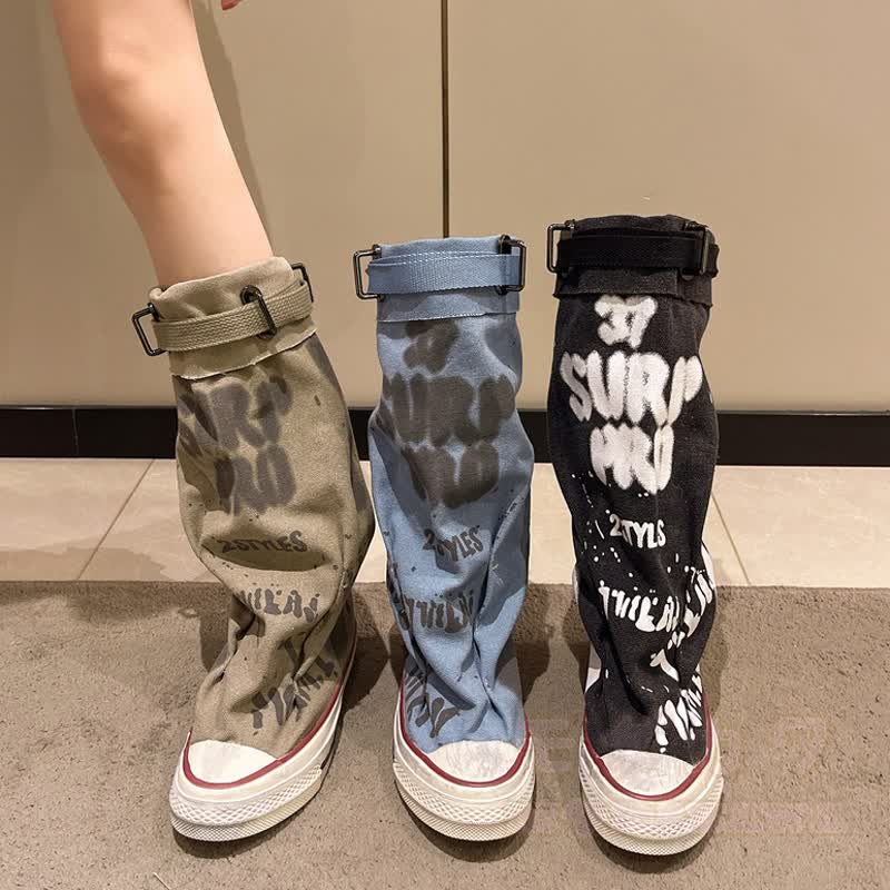 Vintage Graffiti High Top Canvas Stacked Mid Calf Boots - image 2