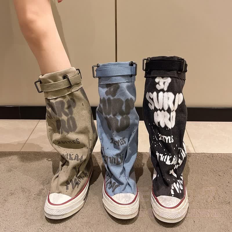 Vintage Graffiti High Top Canvas Stacked Mid Calf Boots - image 2