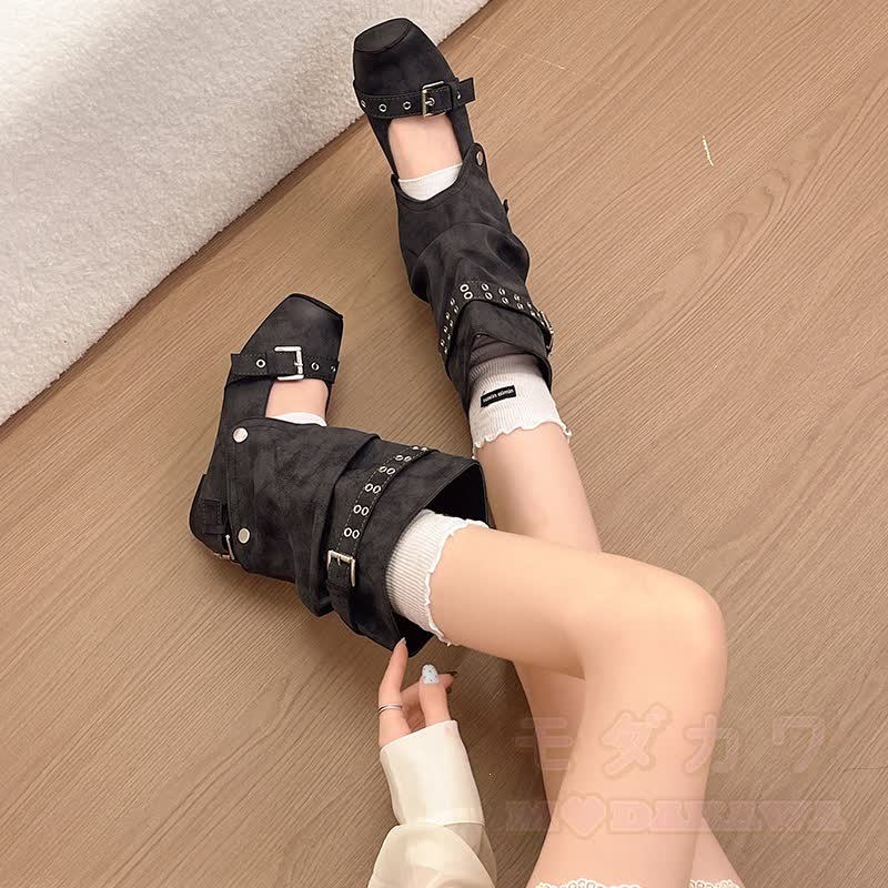Vintage Buckle Strap Detachable Two-Way Wear Mid Calf Heel Boots - image 3
