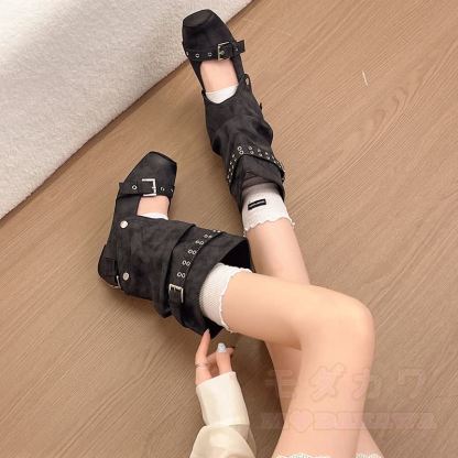 Vintage Buckle Strap Detachable Two-Way Wear Mid Calf Heel Boots - image 3