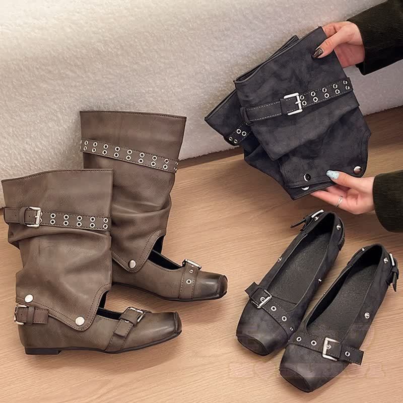 Vintage Buckle Strap Detachable Two-Way Wear Mid Calf Heel Boots - image 2