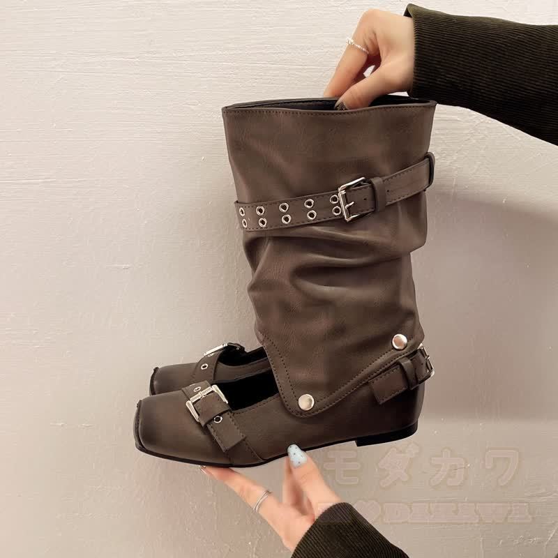 Vintage Buckle Strap Detachable Two-Way Wear Mid Calf Heel Boots - image 7
