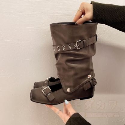 Vintage Buckle Strap Detachable Two-Way Wear Mid Calf Heel Boots - image 7