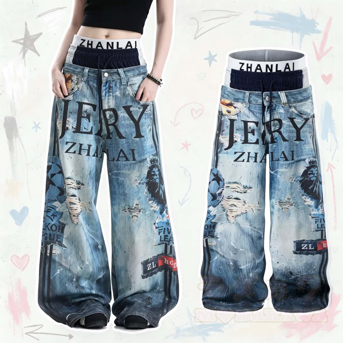 Y2K Streetwear Triple-Waistband Baggy Jeans - Blue - 3XL - image 1