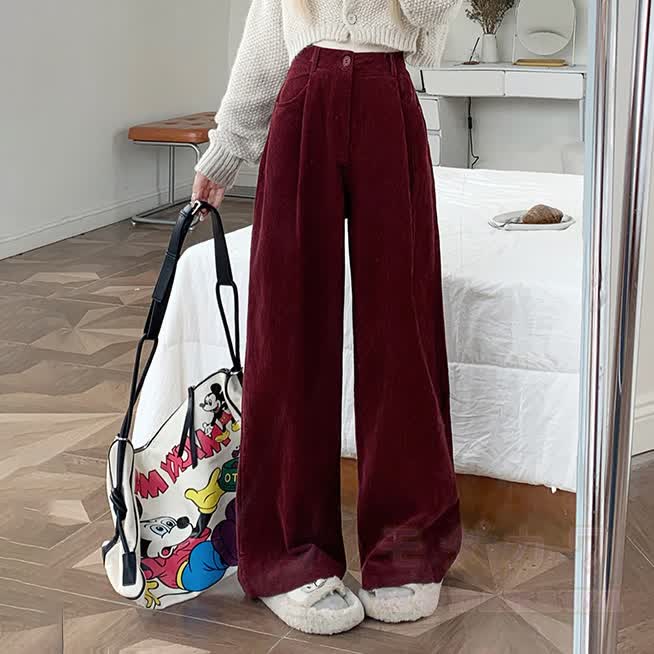 Casual Fleece-Lined Corduroy Wide Leg Pants - Red (Fleece-Lined) - XL - image 6