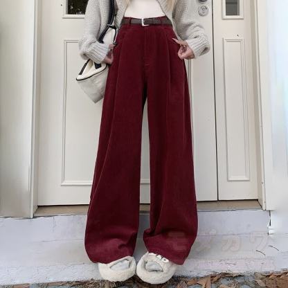 Casual Fleece-Lined Corduroy Wide Leg Pants - Red - XL - image 5