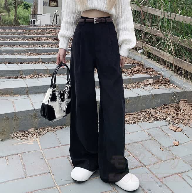 Casual Fleece-Lined Corduroy Wide Leg Pants - Black (Fleece-Lined) - XL - image 4