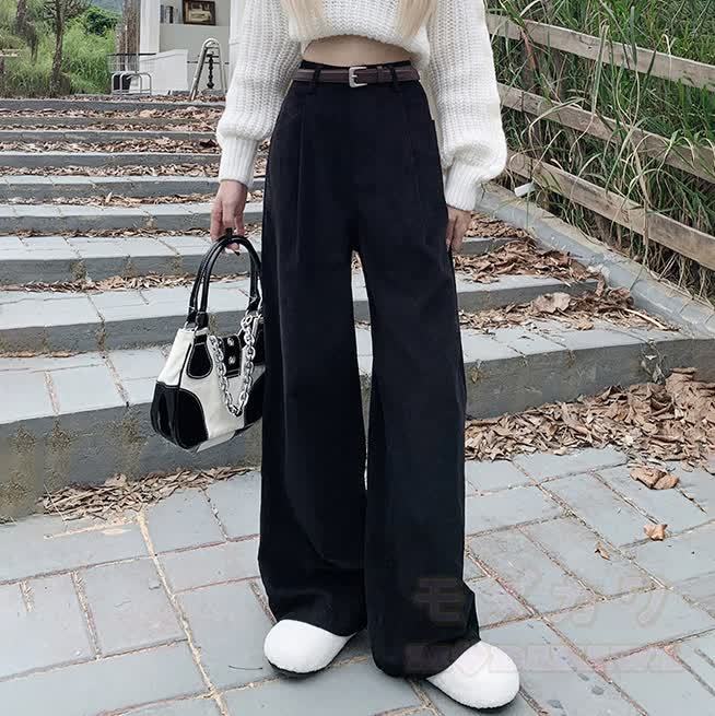 Casual Fleece-Lined Corduroy Wide Leg Pants - Black (Fleece-Lined) - XL - image 4