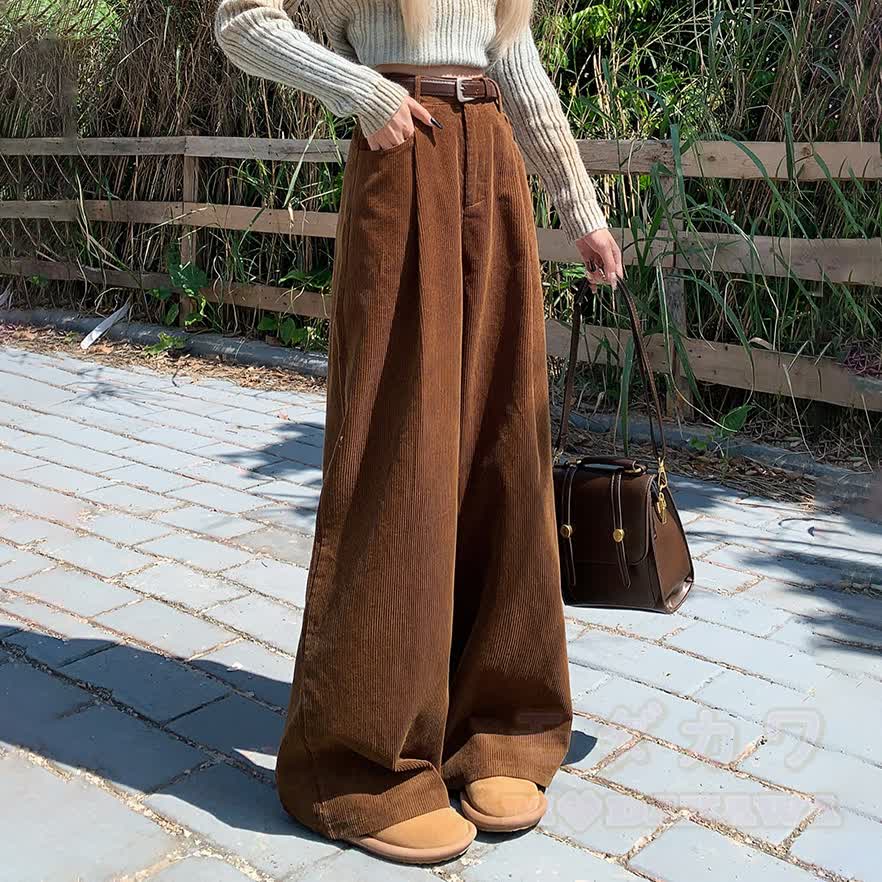 Casual Fleece-Lined Corduroy Wide Leg Pants - Brown - XL - image 3