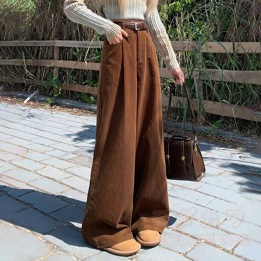 Casual Fleece-Lined Corduroy Wide Leg Pants - Brown - XL - image 3