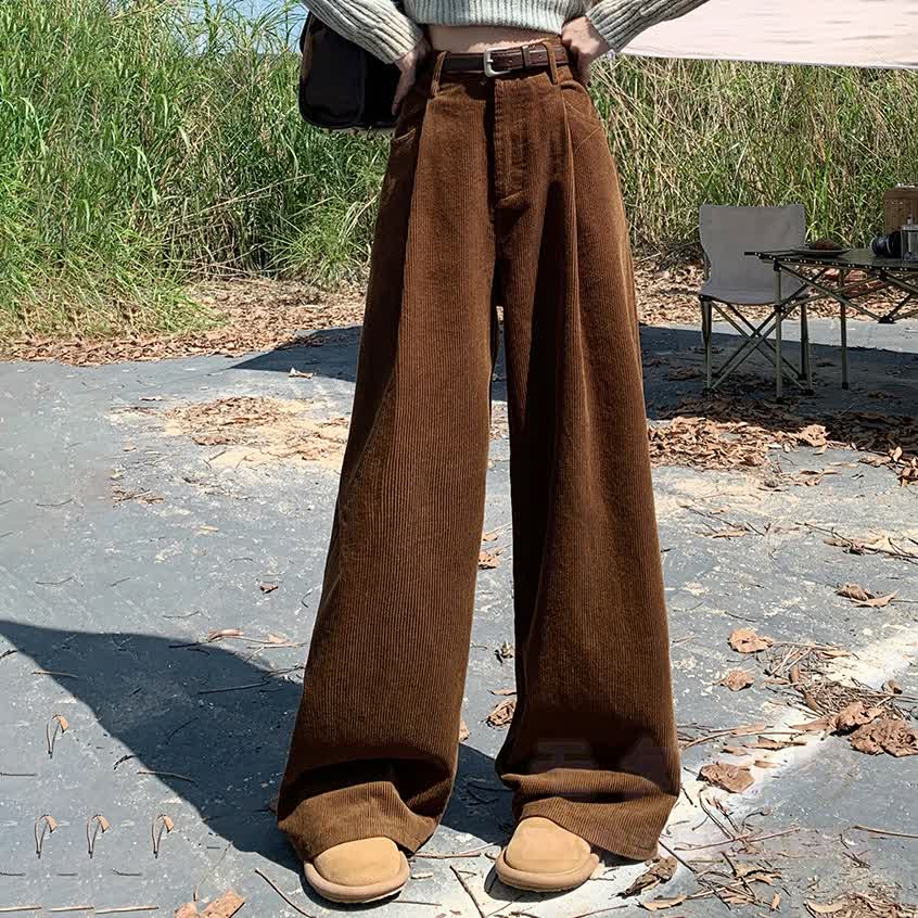Casual Fleece-Lined Corduroy Wide Leg Pants - Brown (Fleece-Lined) - XL - image 1
