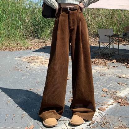 Casual Fleece-Lined Corduroy Wide Leg Pants - Brown (Fleece-Lined) - XL - image 1