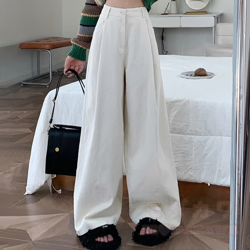 Casual Fleece-Lined Corduroy Wide Leg Pants - Apricot - XL - image 7