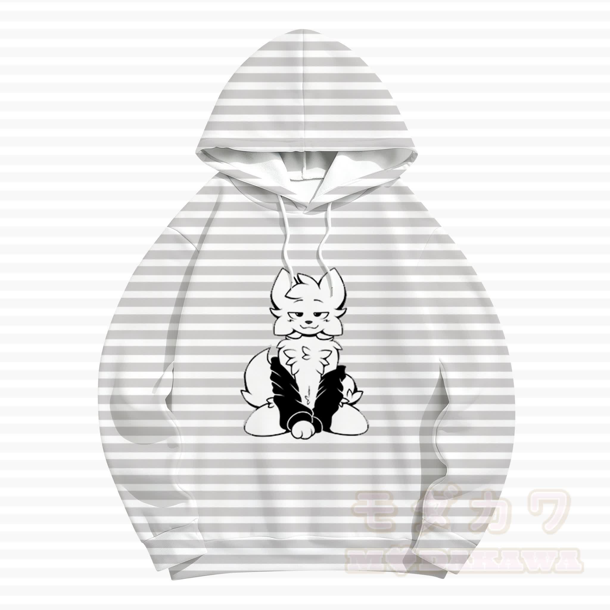 MODAKAWA Striped Anime Fox Graphic Hoodie Sweatshirt - White - 5XL - image 1