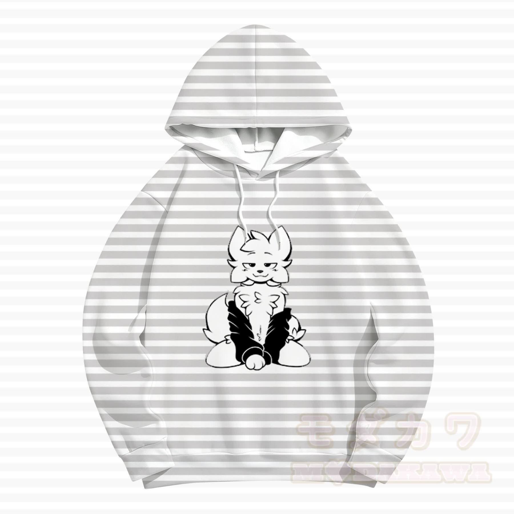MODAKAWA Striped Anime Fox Graphic Hoodie Sweatshirt - White - 5XL - image 1