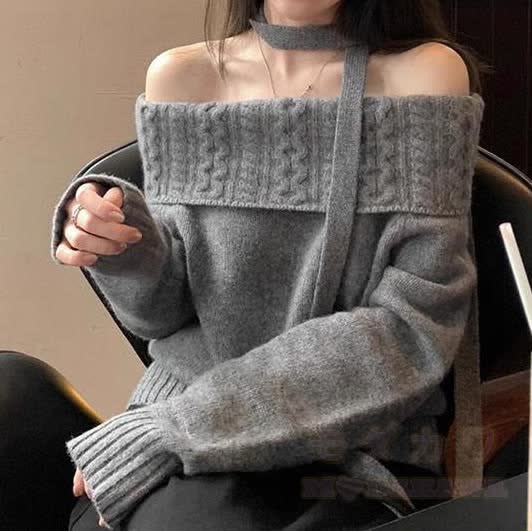 Off-Shoulder Halter Neck Loose Knit Sweater - Grey - XL - image 2