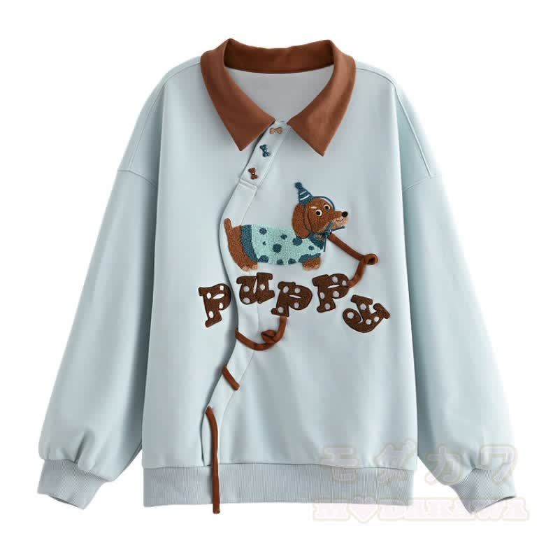 Embroidered Flower Polo Collar Oversized Colorblock Sweatshirt - image 6