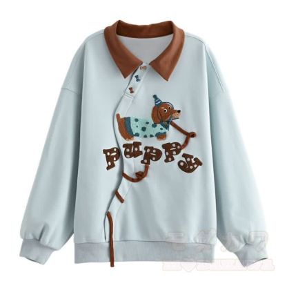 Embroidered Flower Polo Collar Oversized Colorblock Sweatshirt - image 6