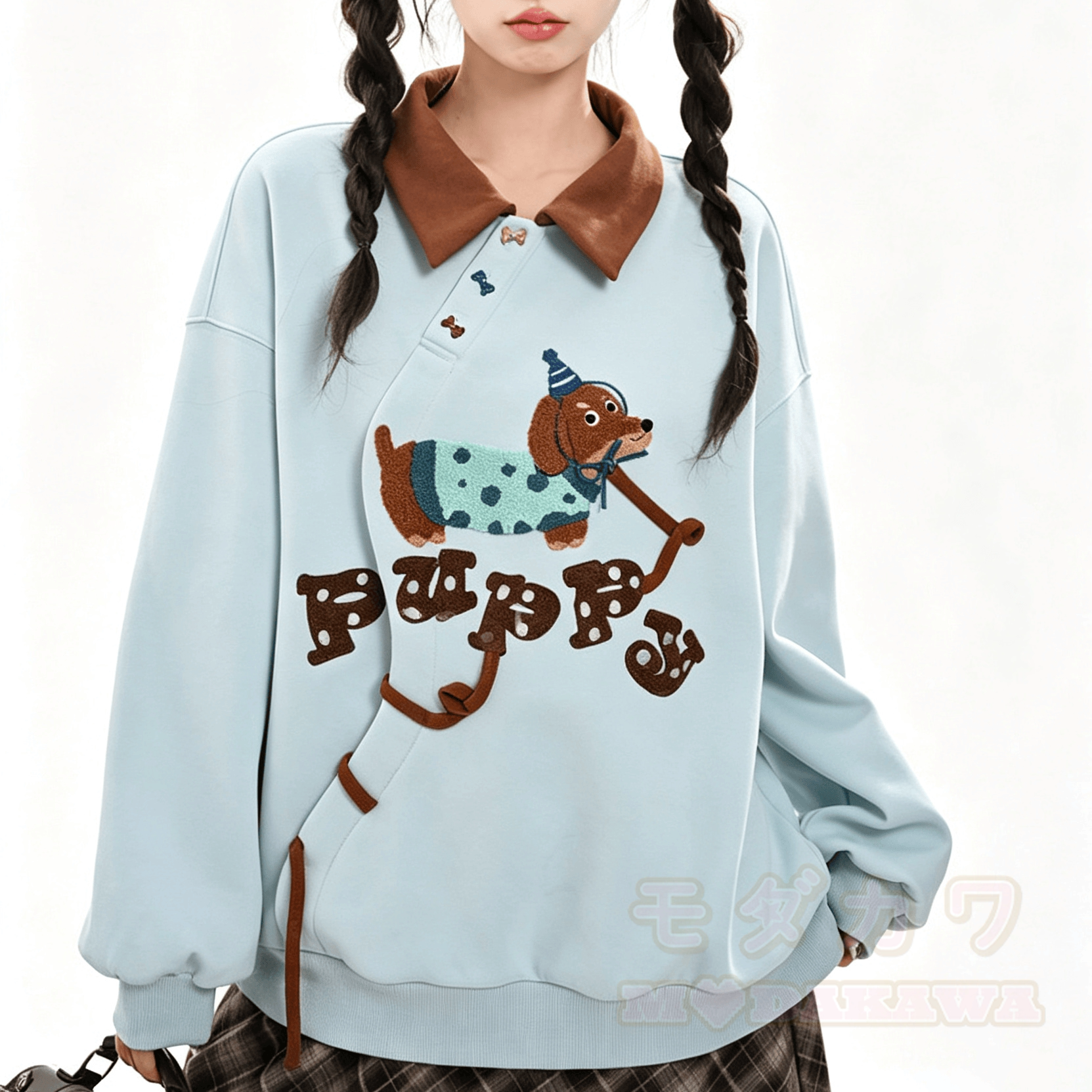 Embroidered Flower Polo Collar Oversized Colorblock Sweatshirt - image 2