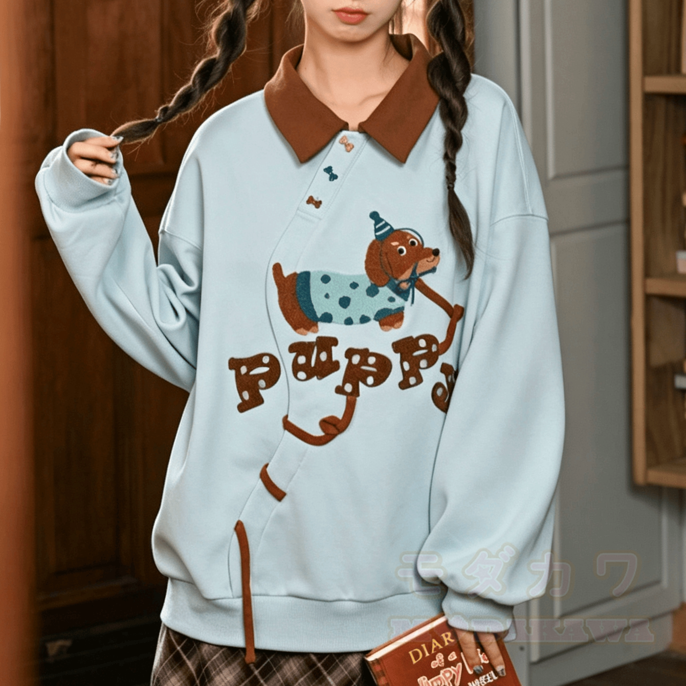 Embroidered Flower Polo Collar Oversized Colorblock Sweatshirt - Blue - L - image 1