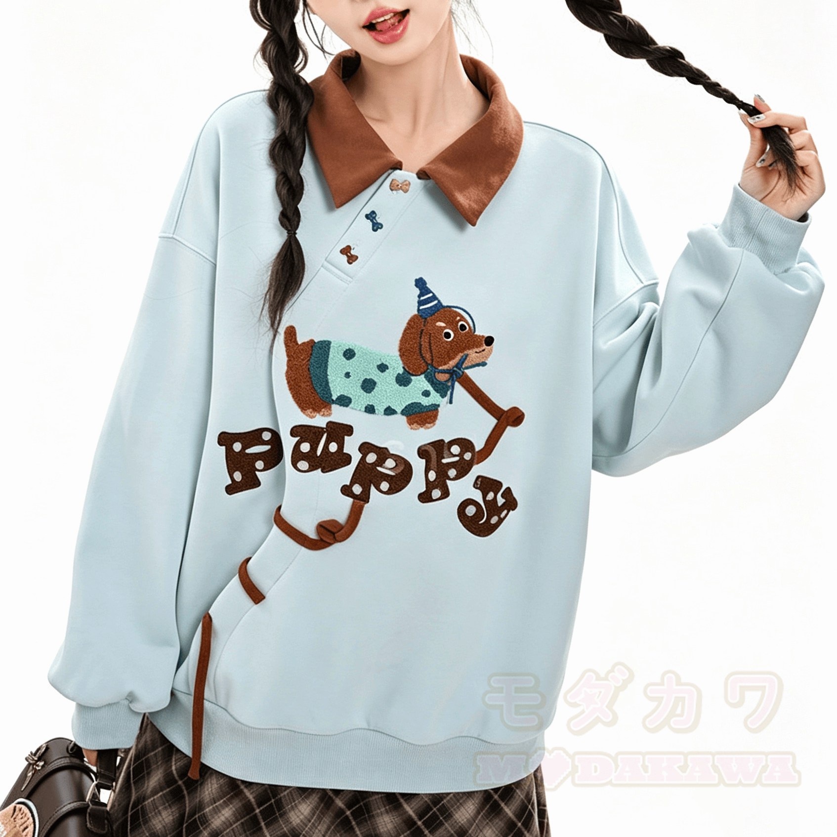Embroidered Flower Polo Collar Oversized Colorblock Sweatshirt - image 3
