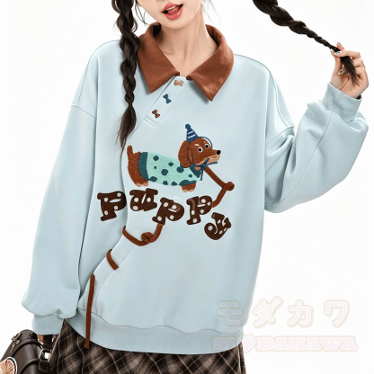Embroidered Flower Polo Collar Oversized Colorblock Sweatshirt - image 3