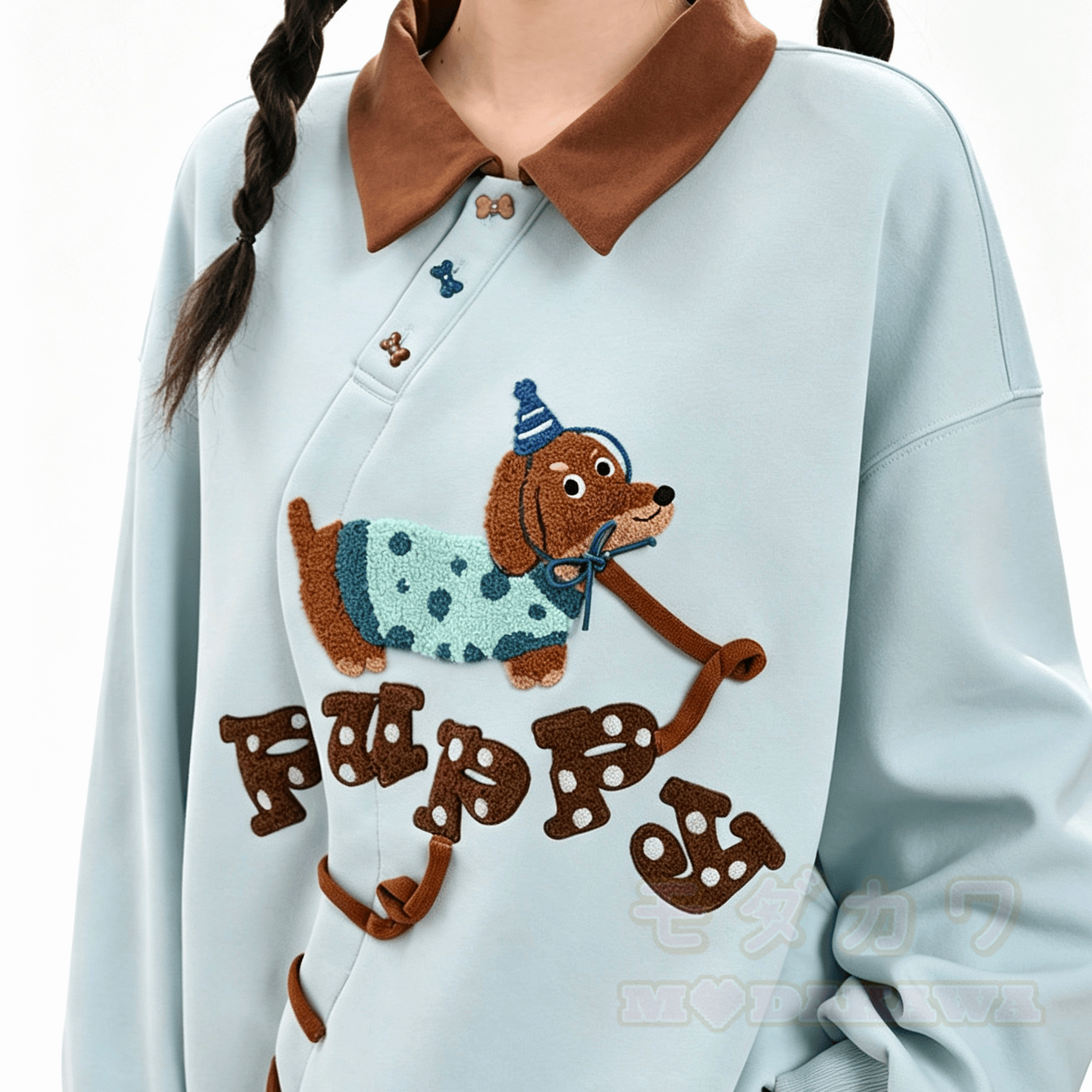 Embroidered Flower Polo Collar Oversized Colorblock Sweatshirt - image 5