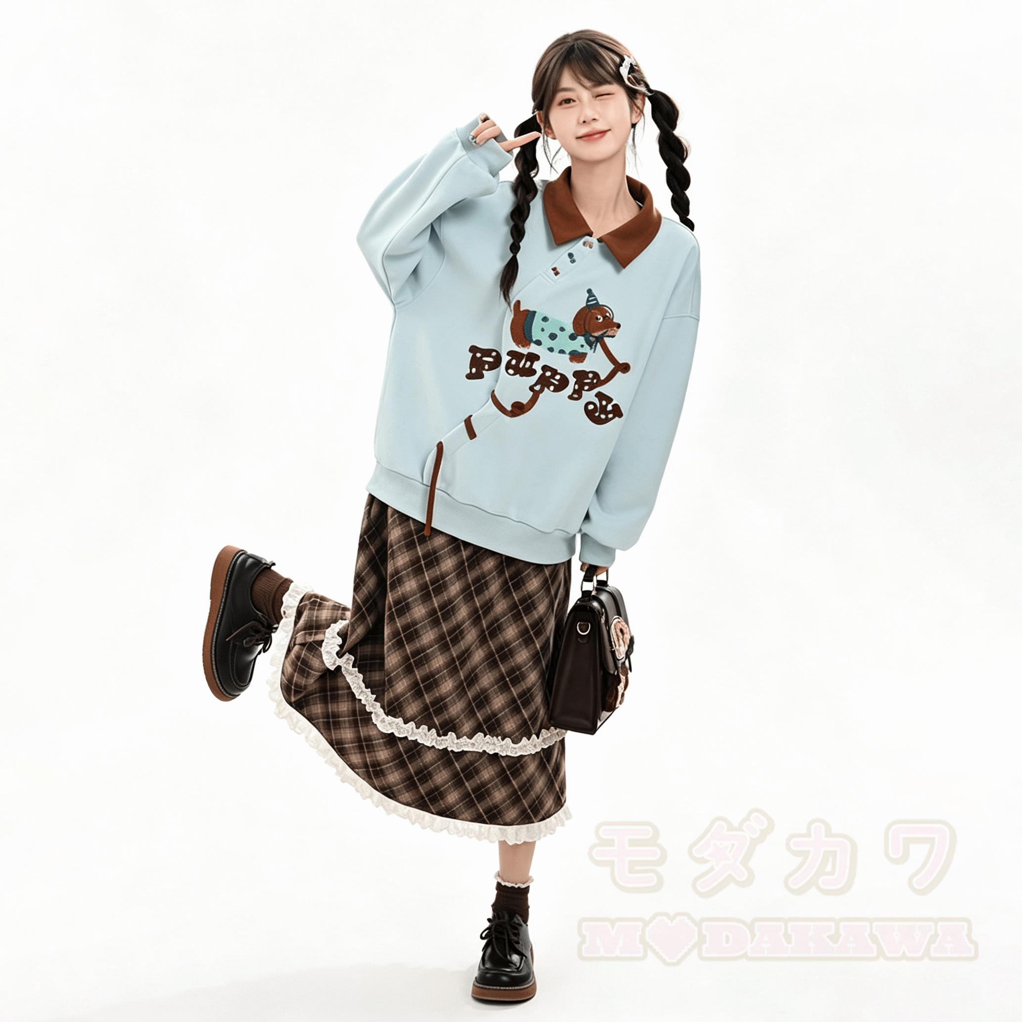 Embroidered Flower Polo Collar Oversized Colorblock Sweatshirt - image 4